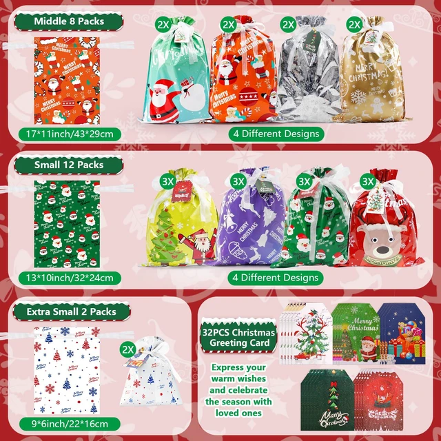 Alt view image 3 of 7 - 32Pcs Drawstring Christmas Bags, Assorted Sizes Large Medium Small | 13 Designs Shiny Aluminum Foil Christmas Bags with 32Pcs Tags, Reusable Material for Gifts Wrapping & Xmas Decorations