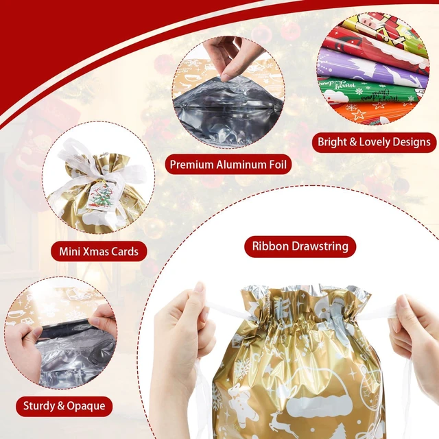 Alt view image 4 of 7 - 32Pcs Drawstring Christmas Bags, Assorted Sizes Large Medium Small | 13 Designs Shiny Aluminum Foil Christmas Bags with 32Pcs Tags, Reusable Material for Gifts Wrapping & Xmas Decorations