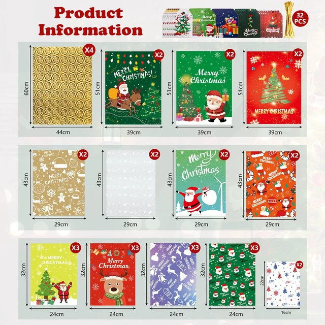 Alt view image 6 of 7 - 32Pcs Drawstring Christmas Bags, Assorted Sizes Large Medium Small | 13 Designs Shiny Aluminum Foil Christmas Bags with 32Pcs Tags, Reusable Material for Gifts Wrapping & Xmas Decorations