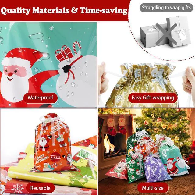 Alt view image 5 of 7 - 32Pcs Drawstring Christmas Bags, Assorted Sizes Large Medium Small | 13 Designs Shiny Aluminum Foil Christmas Bags with 32Pcs Tags, Reusable Material for Gifts Wrapping & Xmas Decorations