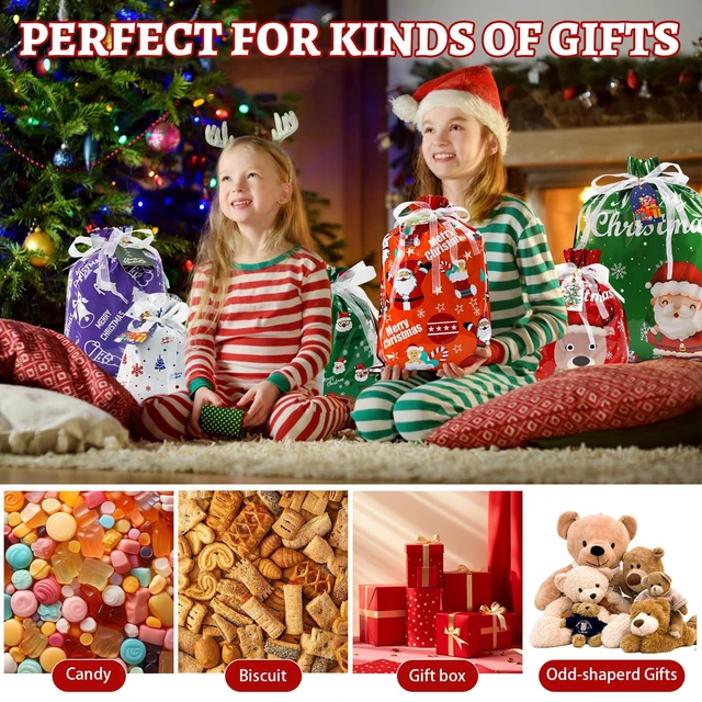 Alt view image 7 of 7 - 32Pcs Drawstring Christmas Bags, Assorted Sizes Large Medium Small | 13 Designs Shiny Aluminum Foil Christmas Bags with 32Pcs Tags, Reusable Material for Gifts Wrapping & Xmas Decorations