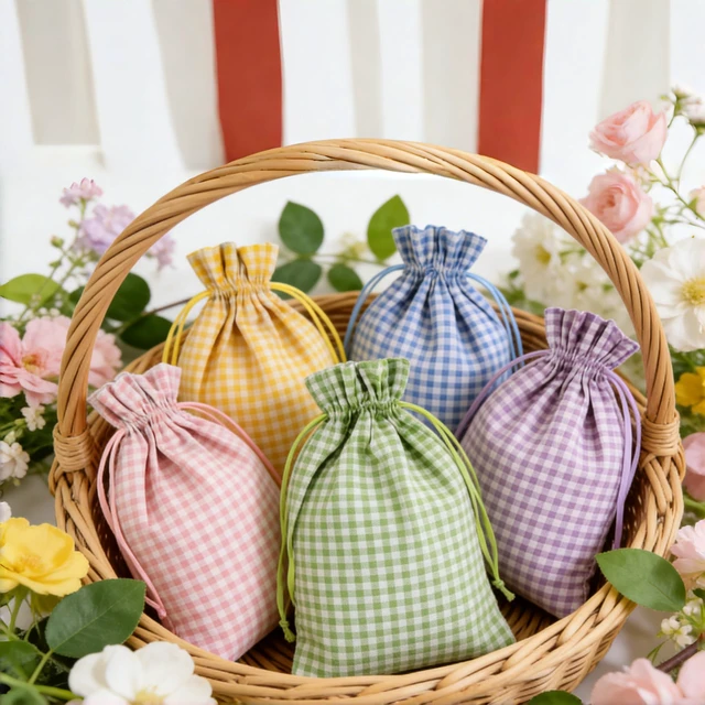 Alt view image 2 of 7 - 5 Pcs Large Easter Burlap Bags with Drawstrings 16 x 12 Inch Buffalo Plaid Gift Bags Gingham Sacks Bags Reusable Gift Pouch Bag for Easter Spring Birthday Party Baby Shower Goodies