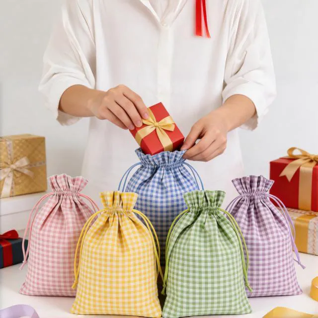 Alt view image 3 of 7 - 5 Pcs Large Easter Burlap Bags with Drawstrings 16 x 12 Inch Buffalo Plaid Gift Bags Gingham Sacks Bags Reusable Gift Pouch Bag for Easter Spring Birthday Party Baby Shower Goodies