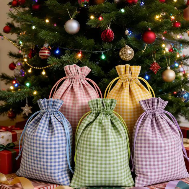 Alt view image 4 of 7 - 5 Pcs Large Easter Burlap Bags with Drawstrings 16 x 12 Inch Buffalo Plaid Gift Bags Gingham Sacks Bags Reusable Gift Pouch Bag for Easter Spring Birthday Party Baby Shower Goodies