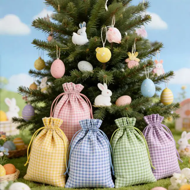 Alt view image 6 of 7 - 5 Pcs Large Easter Burlap Bags with Drawstrings 16 x 12 Inch Buffalo Plaid Gift Bags Gingham Sacks Bags Reusable Gift Pouch Bag for Easter Spring Birthday Party Baby Shower Goodies