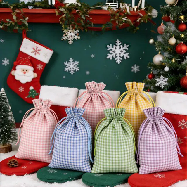 Alt view image 7 of 7 - 5 Pcs Large Easter Burlap Bags with Drawstrings 16 x 12 Inch Buffalo Plaid Gift Bags Gingham Sacks Bags Reusable Gift Pouch Bag for Easter Spring Birthday Party Baby Shower Goodies