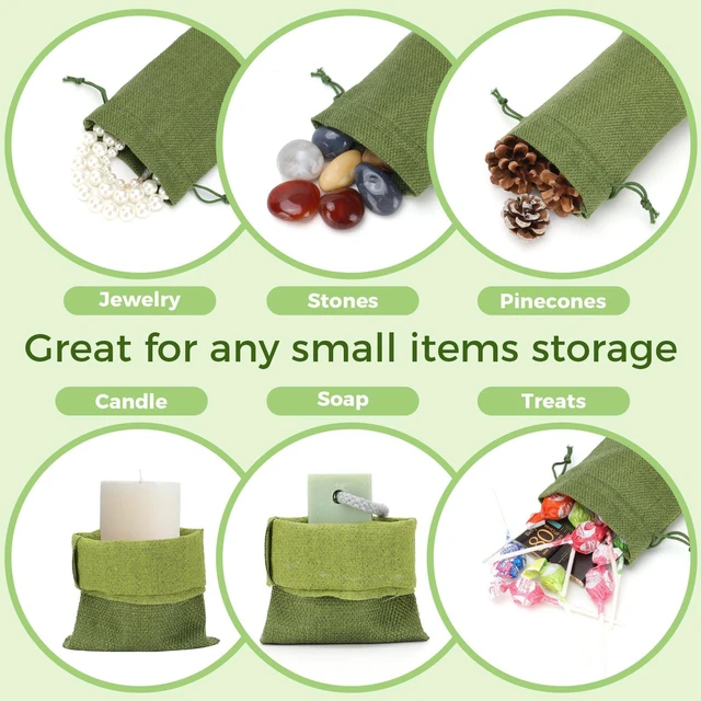 Alt view image 4 of 6 - 30Pcs Small Green Burlap Gift Bags, 4x6- With Tags & Strings | For Summer Vacation, Birthday, Wedding Party Favors Or Wrapping Handmade Staff, and Other Gifts