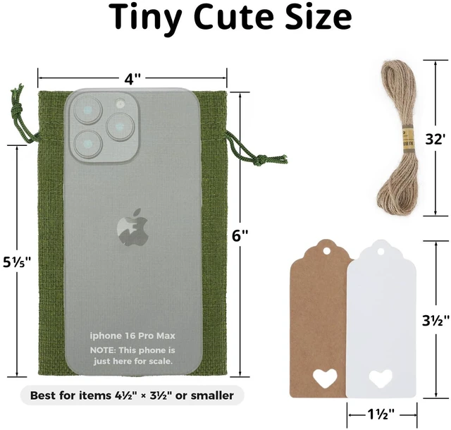 Alt view image 2 of 6 - 30Pcs Small Green Burlap Gift Bags, 4x6- With Tags & Strings | For Summer Vacation, Birthday, Wedding Party Favors Or Wrapping Handmade Staff, and Other Gifts