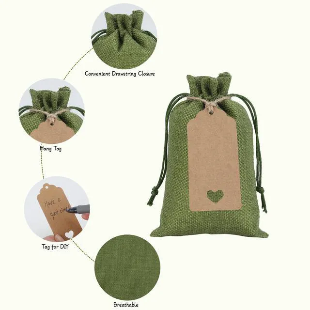 Alt view image 5 of 6 - 30Pcs Small Green Burlap Gift Bags, 4x6- With Tags & Strings | For Summer Vacation, Birthday, Wedding Party Favors Or Wrapping Handmade Staff, and Other Gifts