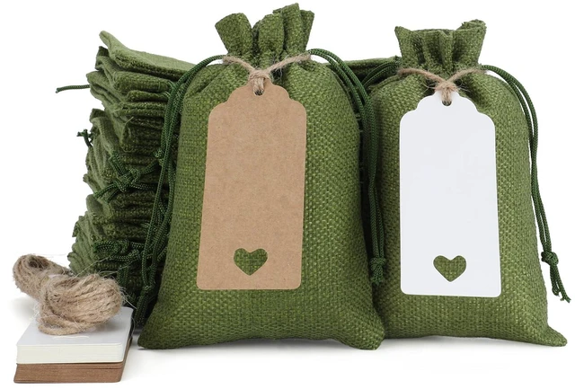 Main image of 30Pcs Small Green Burlap Gift Bags, 4x6- With Tags & Strings | For Summer Vacation, Birthday, Wedding Party Favors Or Wrapping Handmade Staff, and Other Gifts