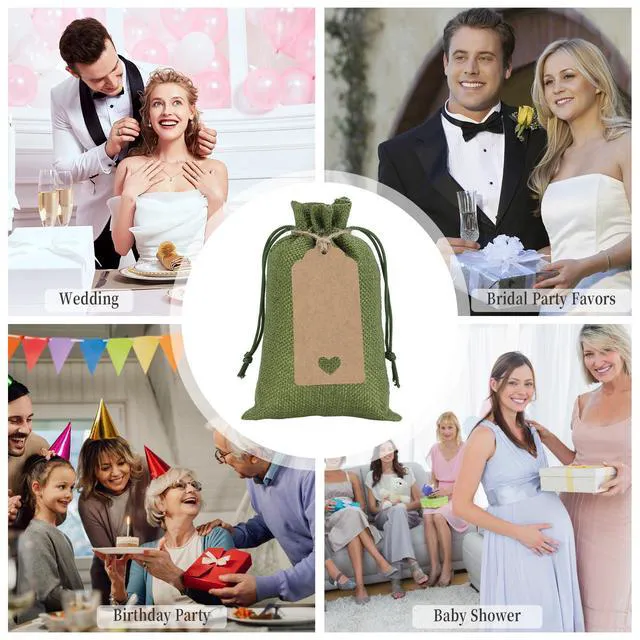 Alt view image 6 of 6 - 30Pcs Small Green Burlap Gift Bags, 4x6- With Tags & Strings | For Summer Vacation, Birthday, Wedding Party Favors Or Wrapping Handmade Staff, and Other Gifts