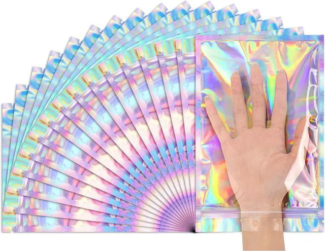 Main image of 6.3x9.4 SmellProof Holographic Resealable Bag,Clear Mylar Favor Bag | 50 pcs Foil Pouch Bag,Zip Iridescent Party Favor Bag for Goodie,Candy,Treat,Food Storage,Jewelry,Packaging for Small Business