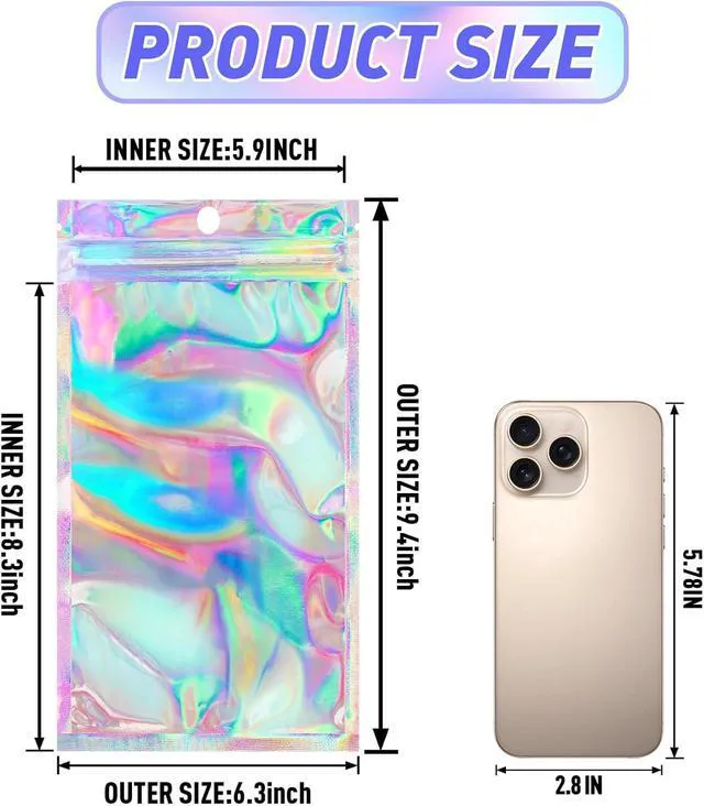 Alt view image 4 of 7 - 6.3x9.4 SmellProof Holographic Resealable Bag,Clear Mylar Favor Bag | 50 pcs Foil Pouch Bag,Zip Iridescent Party Favor Bag for Goodie,Candy,Treat,Food Storage,Jewelry,Packaging for Small Business