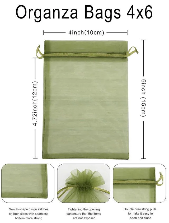 Alt view image 2 of 7 - 100PCS Organza Bags 4''X6'' Olive Green Small Mesh Gift Bags with Drawstring for Jewelry, Party Favor, Candy, Fruit Protection Bags