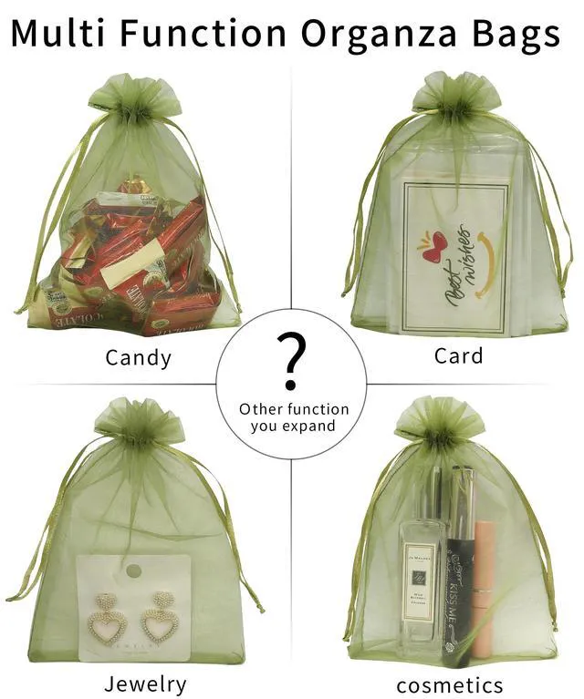 Alt view image 3 of 7 - 100PCS Organza Bags 4''X6'' Olive Green Small Mesh Gift Bags with Drawstring for Jewelry, Party Favor, Candy, Fruit Protection Bags