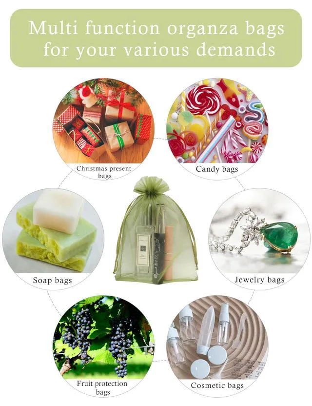 Alt view image 4 of 7 - 100PCS Organza Bags 4''X6'' Olive Green Small Mesh Gift Bags with Drawstring for Jewelry, Party Favor, Candy, Fruit Protection Bags