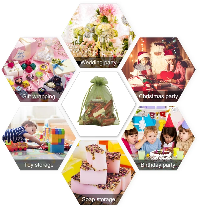 Alt view image 7 of 7 - 100PCS Organza Bags 4''X6'' Olive Green Small Mesh Gift Bags with Drawstring for Jewelry, Party Favor, Candy, Fruit Protection Bags