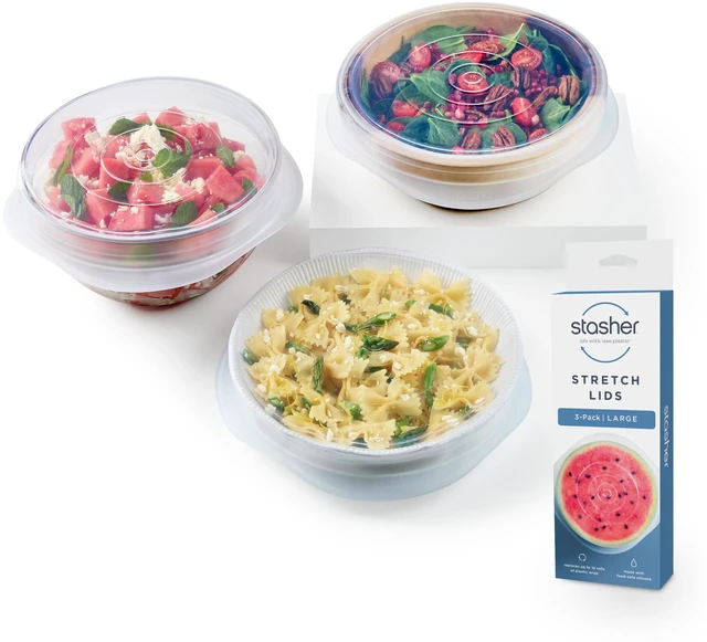Main image of Premium Reusable Silicone Stretch Lids, Clear, 3-Pack, Large | Food-Safe Silicone, Airtight Seal, Leak-Free, BPA-Free, Eco-Friendly, Food Container Covers, Microwave, Dishwasher, Meal Prep