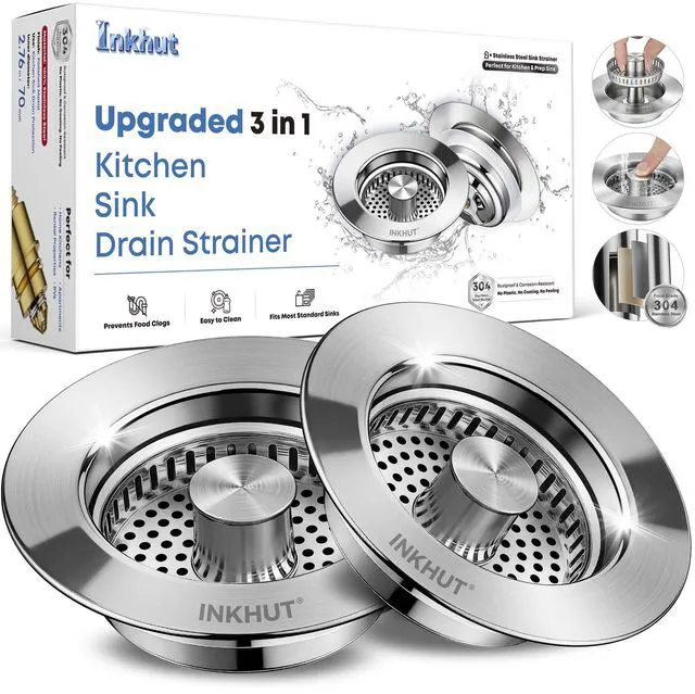 Main image of Upgraded 3 in 1 Kitchen Sink Drain Strainer (Silver-2Pack) | Stainless Steel Sink Stopper, Anti-Clogging Food Catcher Basket, Bounce Core Drain Strainer Plug for 3 1/2 inch Drain