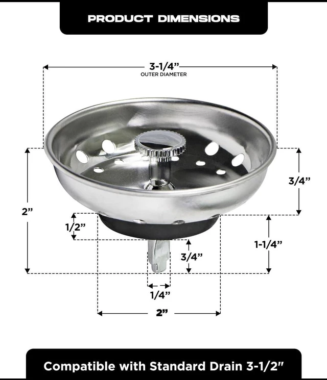 Alt view image 4 of 7 - 97333 Kitchen Sink Basket Strainer Replacement for Standard Drains (3.25 Inch) Chrome Plated Stainless Steel Body With Rubber Stopper, 3.25"