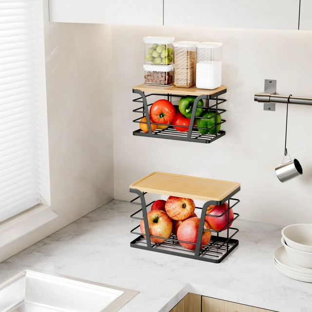 Alt view image 3 of 7 - 2 Pack Stackable Storage Laundry Kitchen Organizers, Wall Mount Trash Bag Holder with Bamboo Top and Garbage Bag Dispenser No Drill