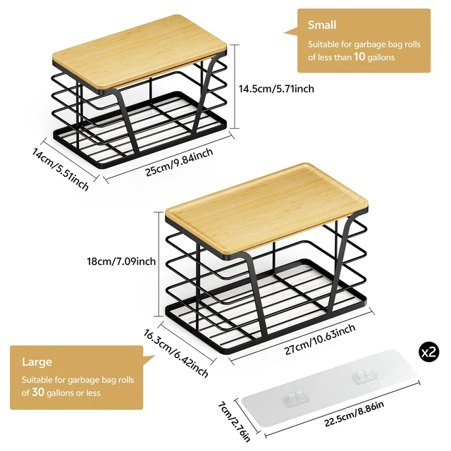 Alt view image 2 of 7 - 2 Pack Stackable Storage Laundry Kitchen Organizers, Wall Mount Trash Bag Holder with Bamboo Top and Garbage Bag Dispenser No Drill