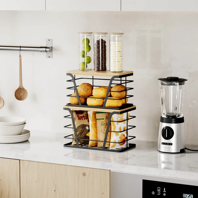Alt view image 4 of 7 - 2 Pack Stackable Storage Laundry Kitchen Organizers, Wall Mount Trash Bag Holder with Bamboo Top and Garbage Bag Dispenser No Drill