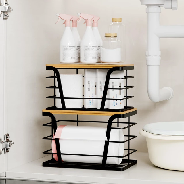 Alt view image 5 of 7 - 2 Pack Stackable Storage Laundry Kitchen Organizers, Wall Mount Trash Bag Holder with Bamboo Top and Garbage Bag Dispenser No Drill