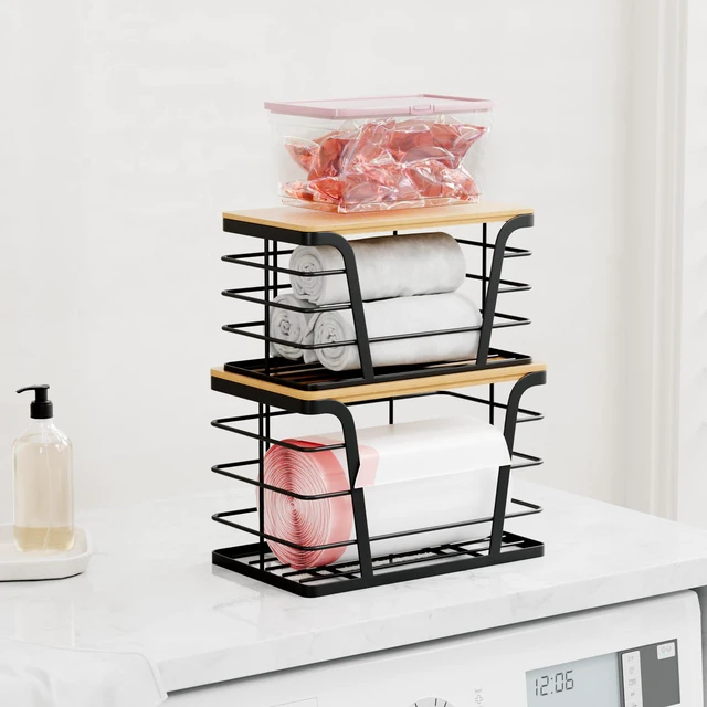 Alt view image 6 of 7 - 2 Pack Stackable Storage Laundry Kitchen Organizers, Wall Mount Trash Bag Holder with Bamboo Top and Garbage Bag Dispenser No Drill