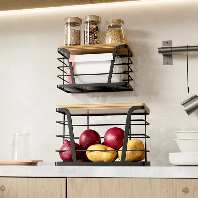 Alt view image 7 of 7 - 2 Pack Stackable Storage Laundry Kitchen Organizers, Wall Mount Trash Bag Holder with Bamboo Top and Garbage Bag Dispenser No Drill