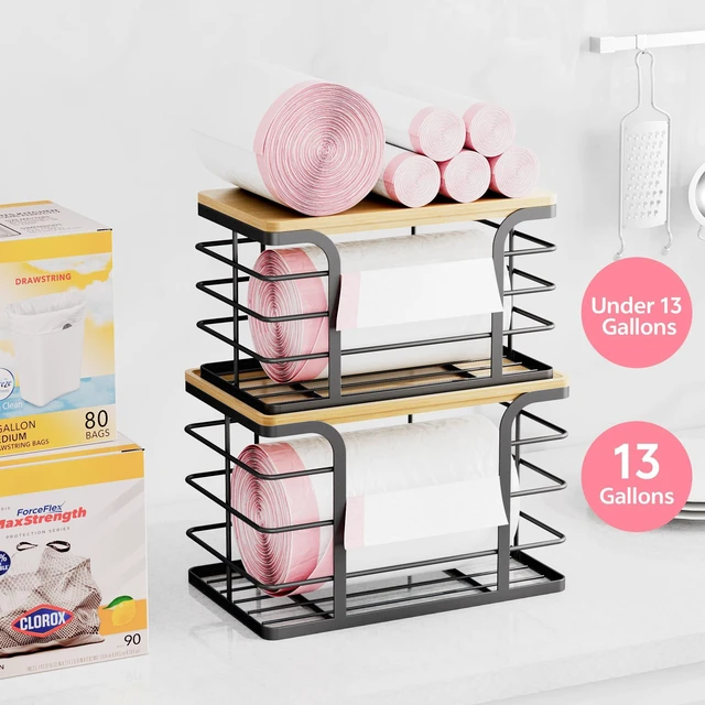 Alt view image 2 of 7 - 2 Pack Stackable Storage for Kitchen Laundry Pantry Organizers,Trash Bag Holder with Bamboo Top,Wall Mount Garbage Bag Dispenser,Black Large and Small