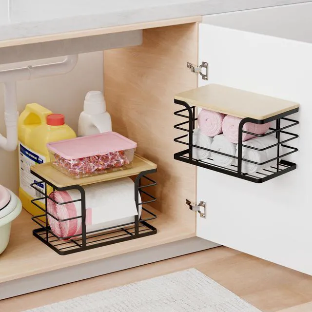 Alt view image 6 of 7 - 2 Pack Stackable Storage for Kitchen Laundry Pantry Organizers,Trash Bag Holder with Bamboo Top,Wall Mount Garbage Bag Dispenser,Black Large and Small