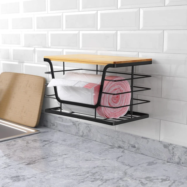 Alt view image 5 of 7 - Extra Large Trash Bag Holder Dispenser With Bamboo Top, Wall Mounted Garbage Bag Dispenser Roll Holder for Kitchen Laundry Room Organization