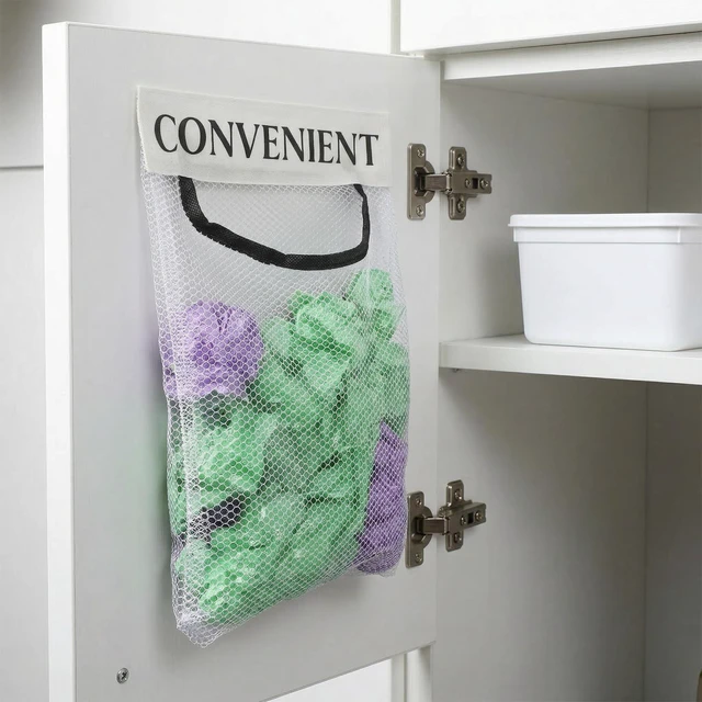 Alt view image 3 of 7 - 4PCS Plastic Bag Holder for Cabinet Mesh Grocery Bag Holder, Sticky Wall Mount Storage Dispensers, Recycling Garbage Folding Hanging Storage Bags Grocery Bags Holders White