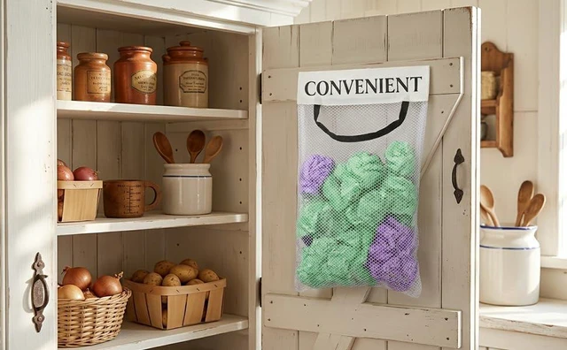 Alt view image 5 of 7 - 4PCS Plastic Bag Holder for Cabinet Mesh Grocery Bag Holder, Sticky Wall Mount Storage Dispensers, Recycling Garbage Folding Hanging Storage Bags Grocery Bags Holders White