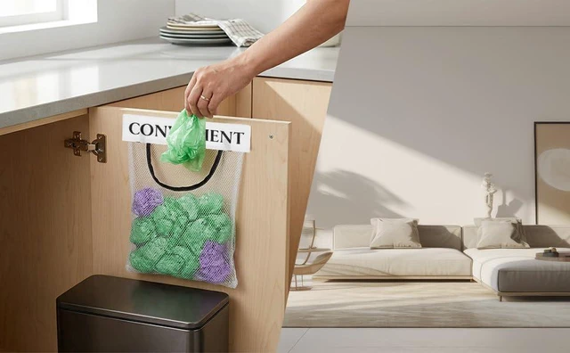 Alt view image 6 of 7 - 4PCS Plastic Bag Holder for Cabinet Mesh Grocery Bag Holder, Sticky Wall Mount Storage Dispensers, Recycling Garbage Folding Hanging Storage Bags Grocery Bags Holders White