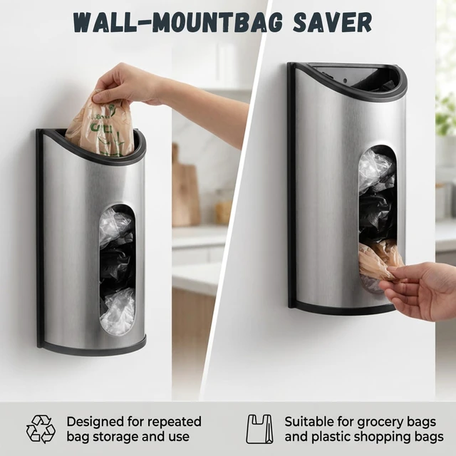 Alt view image 5 of 5 - Stainless Steel Bag Holder Wall Mount, Metal Grocery Bag Organizer and Dispenser with View Window, Includes Adhesive and Screw Hardware for Kitchen Pantry Storage