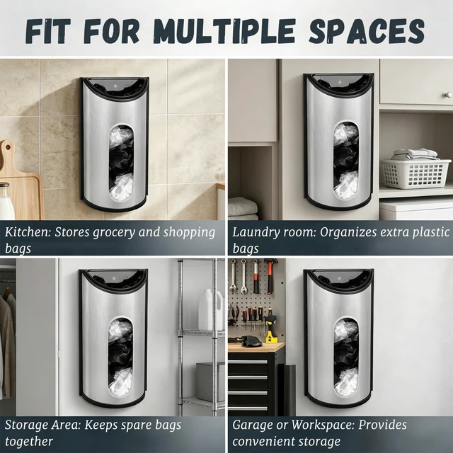 Alt view image 4 of 5 - Stainless Steel Bag Holder Wall Mount, Metal Grocery Bag Organizer and Dispenser with View Window, Includes Adhesive and Screw Hardware for Kitchen Pantry Storage