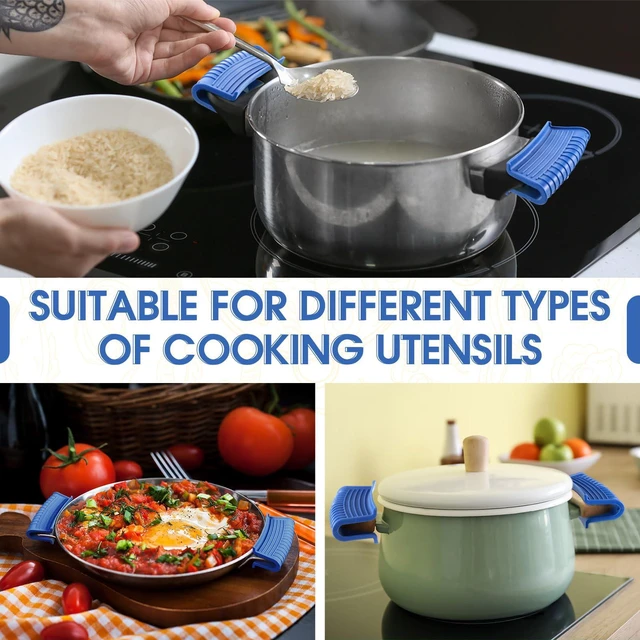 Alt view image 2 of 7 - 4 Pack Silicone Pot Handle Holders Heat Resistant, Blue | Cast Iron Skillet Handle Covers, Ribbed Non Slip Grip, Protective Sleeve for Pan Dutch Oven Griddle Casserole Frying Cookware