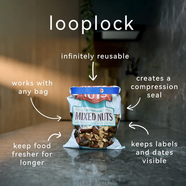 Alt view image 2 of 7 - Looplock Reusable Bag Sealer, Roll Top Food Storage Seal, 8 Pack, Blueberry