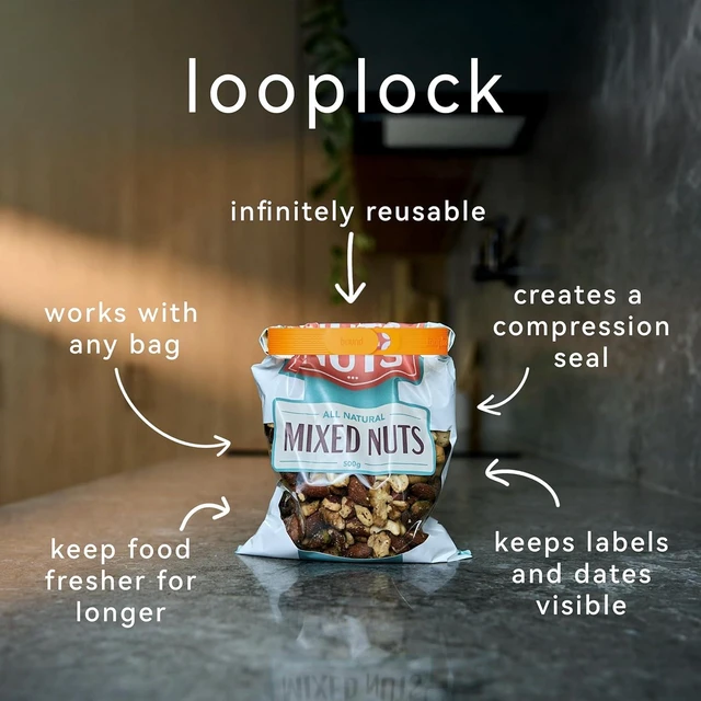 Alt view image 2 of 7 - Looplock Reusable Bag Sealer, Roll Top Food Storage Seal, 8 Pack, Mango