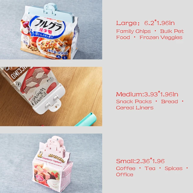 Alt view image 2 of 7 - Heavy Duty Bag Clips for Food, Chips, Snacks, Pet Food, Cereal, Coffee | Airtight Reusable & Non-Slip Sealing Clip, Kitchen Organization & Storage Essentials, Assorted Sizes-6-Pack (White)
