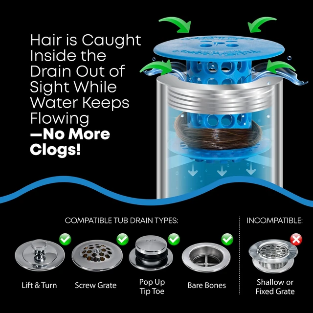 Alt view image 3 of 7 - Bathtub Drain Hair Catcher In-Drain Tub Strainer & Clog Prevention Protector, Fits Standard 1.41.75 Tub Drains, Easy Clean, Captures Human & Pet Hair out of Sight (Blue)