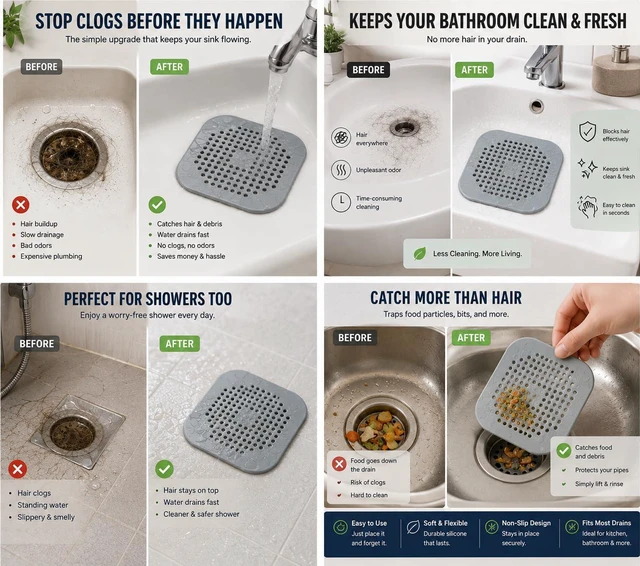 Alt view image 5 of 7 - Silicone Drain Protector, Gray Anti-Clog Hair Catcher for Shower and Bathtub, 5.7 Inch Flexible Strainer with Easy Clean Design