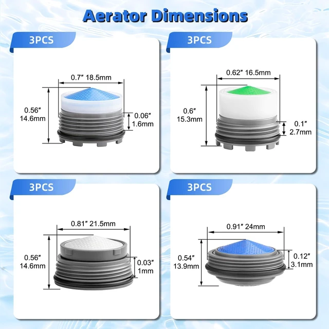 Alt view image 2 of 7 - 12 Pcs Faucet Aerator with 6 Pcs Faucet Aerator Key Removal Wrench Tool, Aerators Replacement Inserts for Sink M16.5 18.5 21.5 24 mm Tap Aerators Flow Restrictor