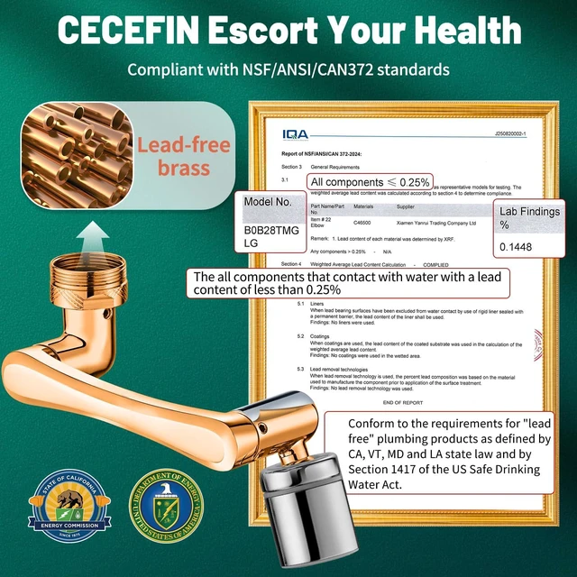Alt view image 2 of 6 - Patented CECEFIN Swivel Faucet Extender Sink Aerator NSF/ANSI 372 Standard | Bathroom/Kitchen Tap Extension Lead-free, 1440° Rotatable 2-Mode Water Splash Spray Attachment, Multifunctional Robotic Arm