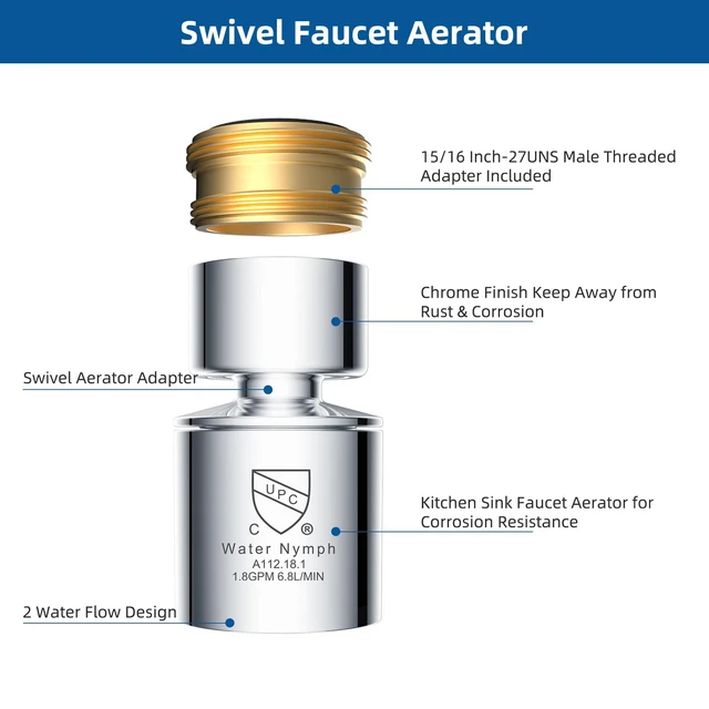 Alt view image 4 of 7 - NSF/ANSI/CAN 61 Certified Faucet Aerator, CUPC Certification 360° Swivel Kitchen Sink Aerator, Dual-function Sprayer Faucet Head, Faucet Replacement Part 55/64 Inch Female Thread - Chrome