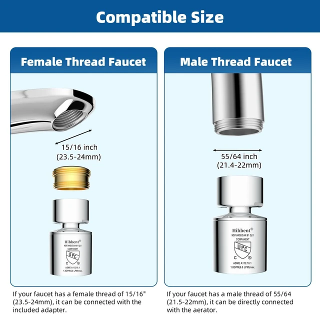 Alt view image 6 of 7 - NSF/ANSI/CAN 61 Certified Faucet Aerator, CUPC Certification 360° Swivel Kitchen Sink Aerator, Dual-function Sprayer Faucet Head, Faucet Replacement Part 55/64 Inch Female Thread - Chrome