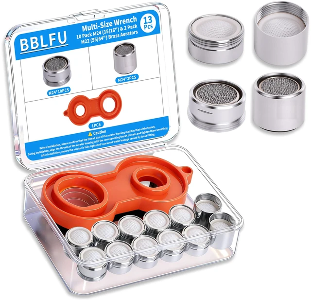 Main image of Kitchen Faucet Aerator Replacement, Anti-Splash with Multi-Size Wrench, 10 Pack M24 (15/16") & 2 Pack M22 (55/64") Brass Aerators, Sink Aerator Kit for Kitchen & Bathroom