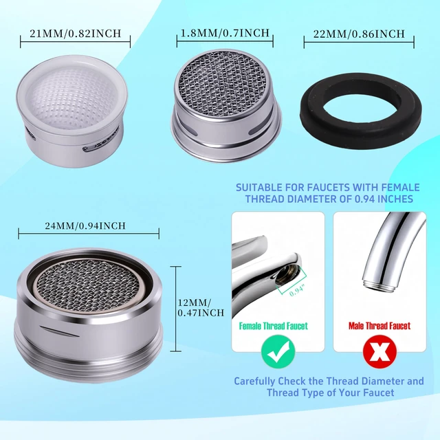 Alt view image 5 of 7 - Kitchen Faucet Aerator Replacement, Anti-Splash with Multi-Size Wrench, 10 Pack M24 (15/16") & 2 Pack M22 (55/64") Brass Aerators, Sink Aerator Kit for Kitchen & Bathroom